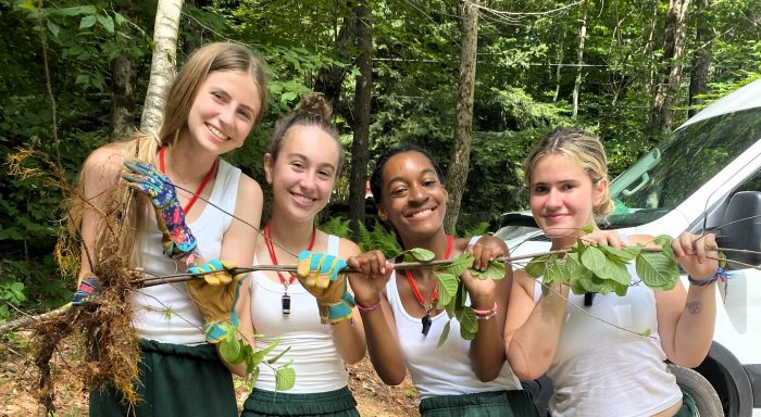 Four campers hold up an invasive sapling that they removed.